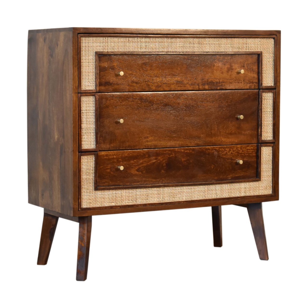 Chestnut Square Woven Inlay 3 Drawer Chest made with Solid Mango Wood - CasaFenix