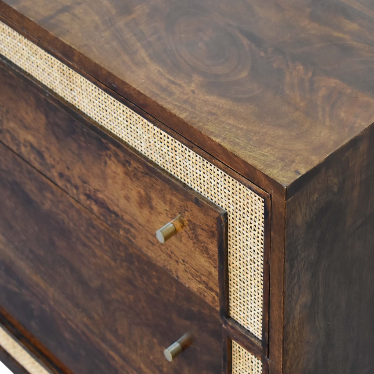 Chestnut Square Woven Inlay 3 Drawer Chest made with Solid Mango Wood - CasaFenix
