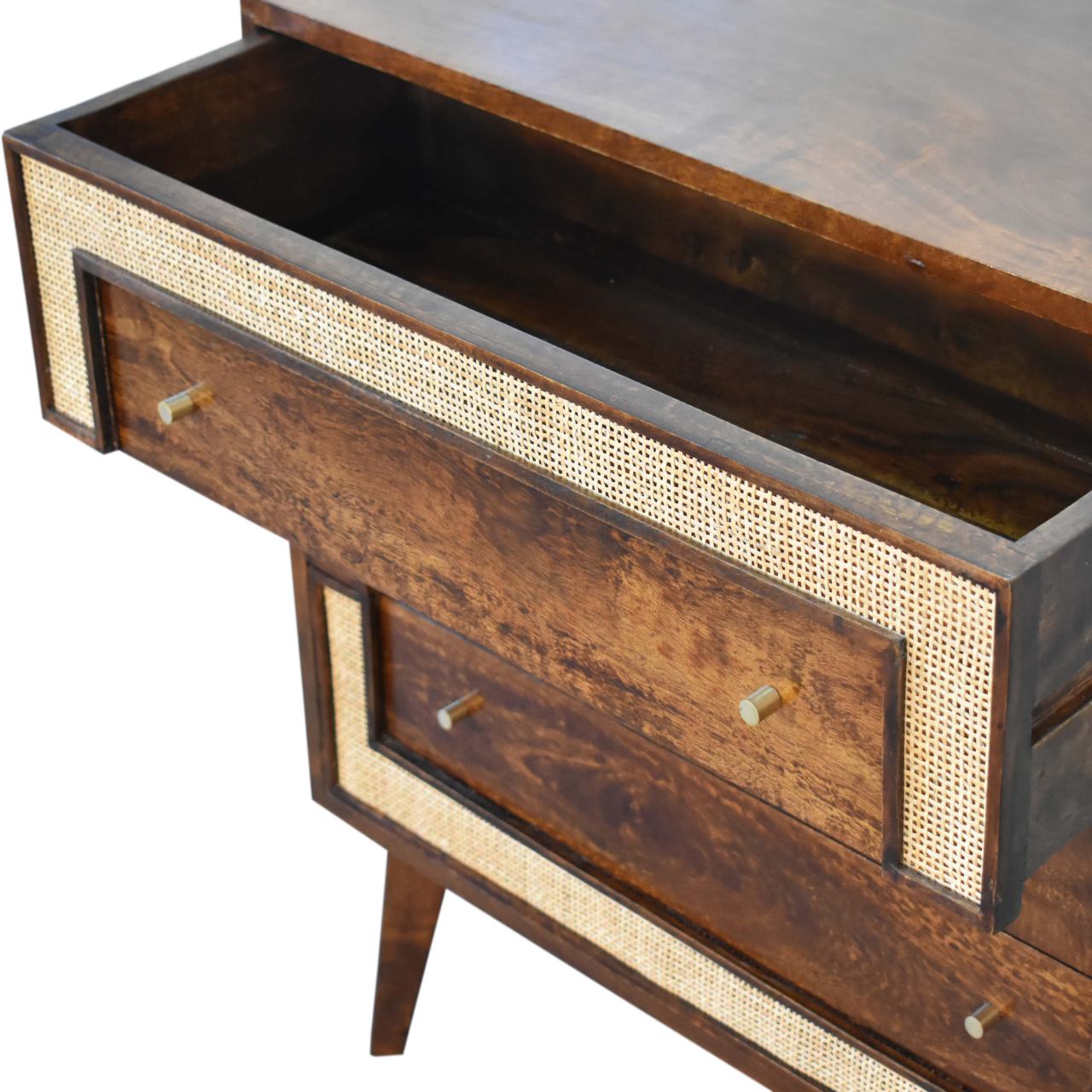 Chestnut Square Woven Inlay 3 Drawer Chest made with Solid Mango Wood - CasaFenix