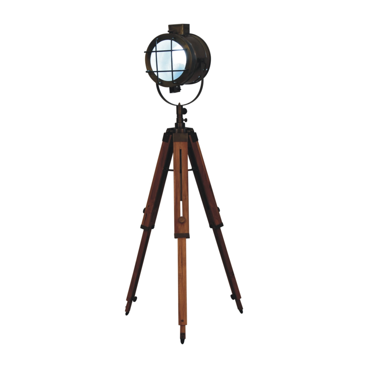 Caged Brass Antique Tripod Fold Spotlight Floor Lamp - CasaFenix