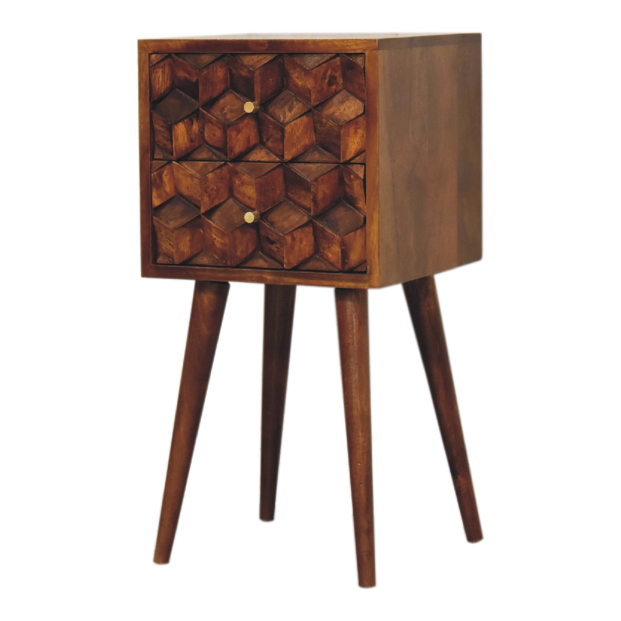 Mini Chestnut Cube Carved 2 Drawer Bedside Chest - CasaFenix