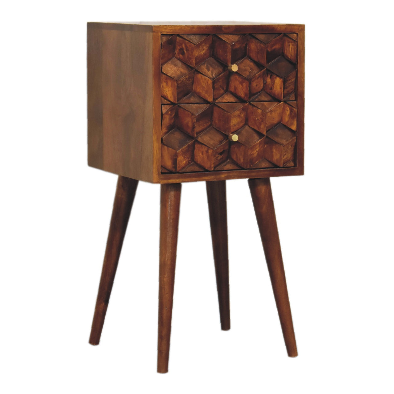 Mini Chestnut Cube Carved 2 Drawer Bedside Chest - CasaFenix