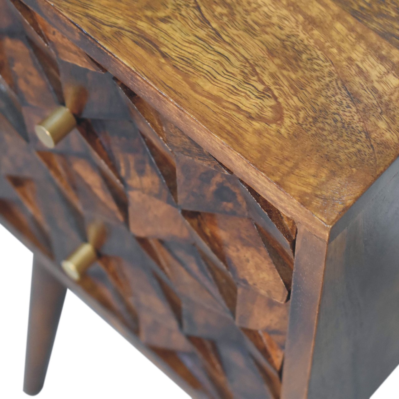 Mini Chestnut Cube Carved 2 Drawer Bedside Chest - CasaFenix