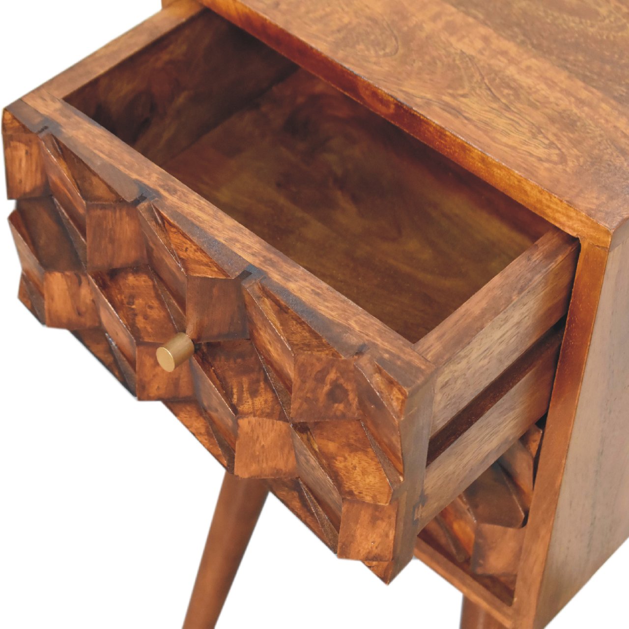 Mini Chestnut Cube Carved 2 Drawer Bedside Chest - CasaFenix