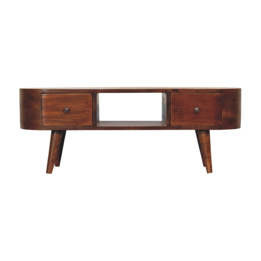 Chestnut Rounded Coffee Table with Open Slot & 2 Drawers - CasaFenix
