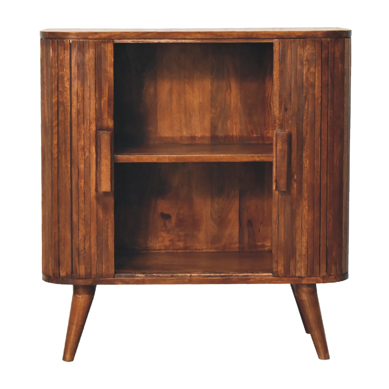 Chestnut Finish over Solid Mango Wood 2 Door Stripe Cabinet - CasaFenix