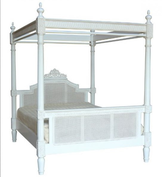 French Rattan Solid Mahogany Four Poster Bed - CasaFenix