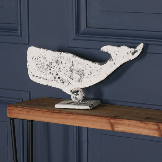 Rustic Painted 34cm Metal Whale on Stand
