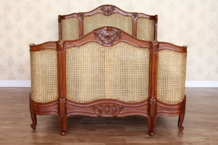 French Carved Mahogany Rattan Curved Bed - CasaFenix
