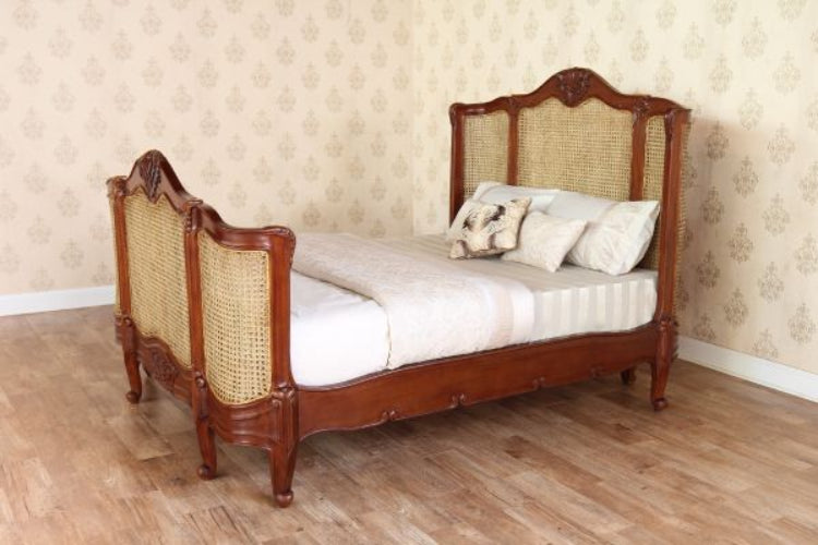 French Carved Mahogany Rattan Curved Bed - CasaFenix