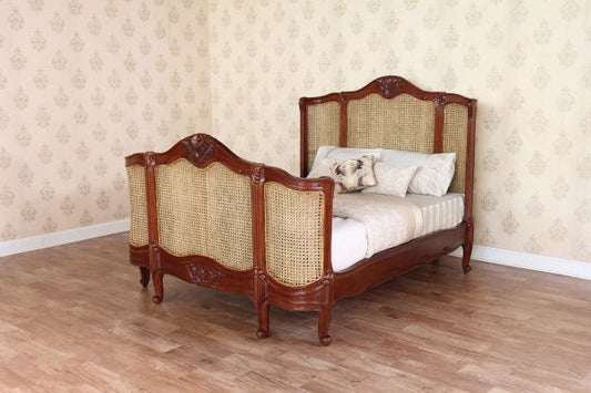French Carved Mahogany Rattan Curved Bed - CasaFenix