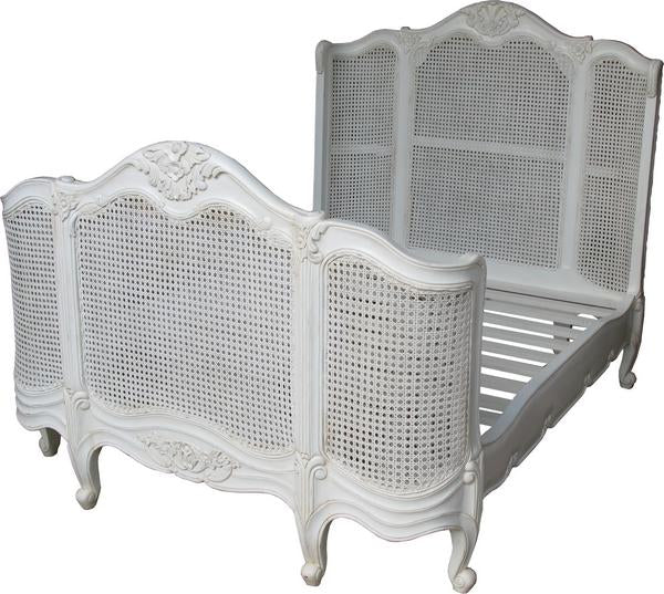 French Carved Mahogany Rattan Curved Bed - CasaFenix