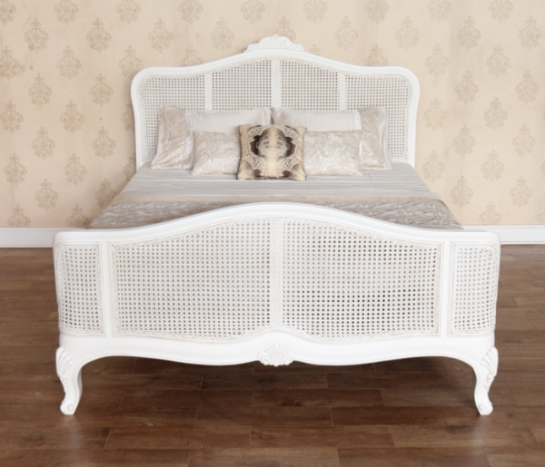Elegant French Style Solid Mahogany & Rattan Bed - CasaFenix