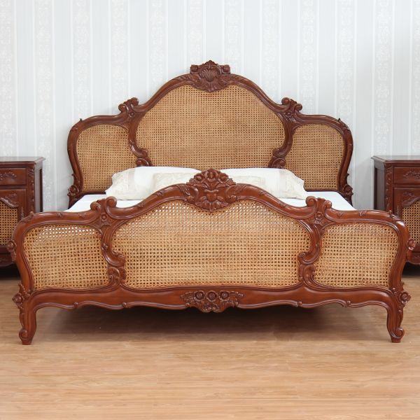 French Louis Style Mahogany & Rattan Bed - CasaFenix