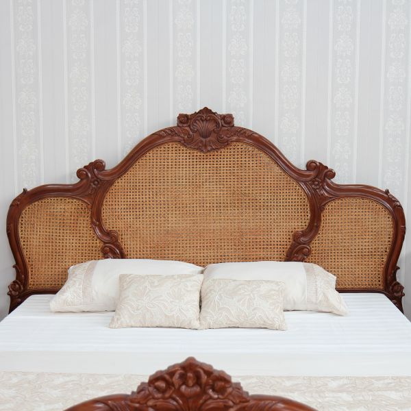 French Louis Style Mahogany & Rattan Bed - CasaFenix