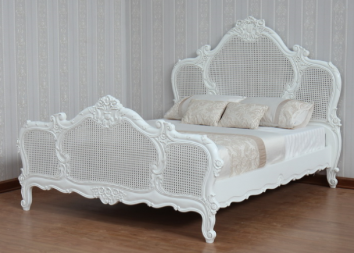 French Louis Style Mahogany & Rattan Bed - CasaFenix