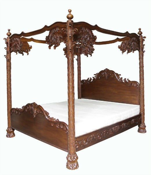 Heavily Carved Mahogany Palm Tree Column Four Poster Bed - CasaFenix