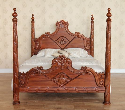 Stunning Heavily Carved Mahogany Four Column Poster Bed - CasaFenix