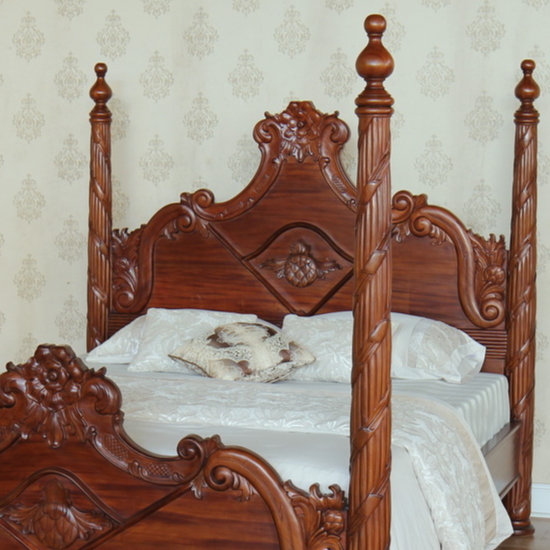 Stunning Heavily Carved Mahogany Four Column Poster Bed - CasaFenix