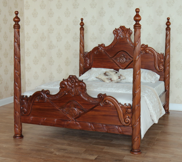 Stunning Heavily Carved Mahogany Four Column Poster Bed - CasaFenix