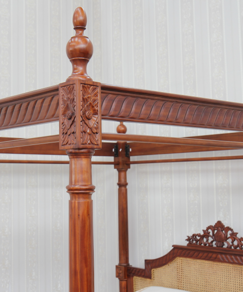 French Rattan Solid Mahogany Four Poster Bed - CasaFenix