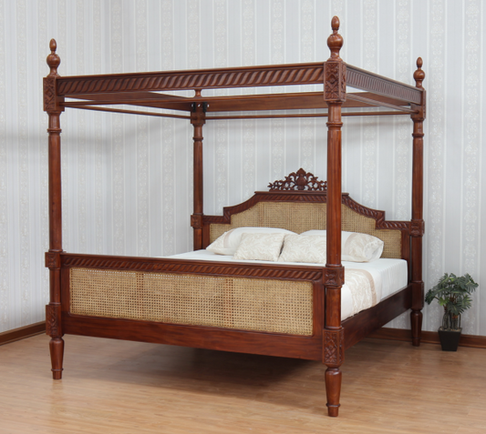 French Rattan Solid Mahogany Four Poster Bed - CasaFenix