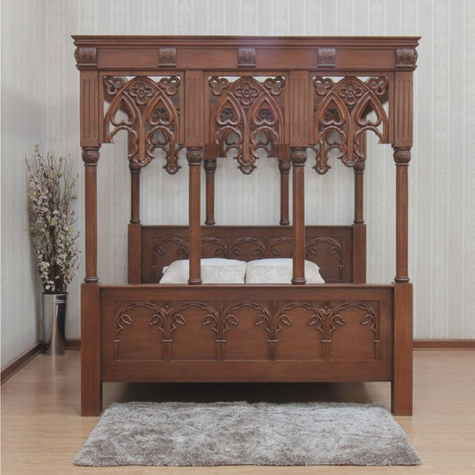 Strawberry Gothic Four Poster Large Mahogany Carved Bed - CasaFenix