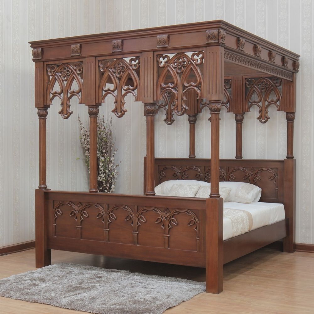 Strawberry Gothic Four Poster Large Mahogany Carved Bed - CasaFenix