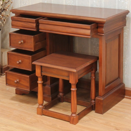 French Sleigh Style Solid Mahogany 5 Drawer Single Pedestal Dressing Table or Desk - CasaFenix