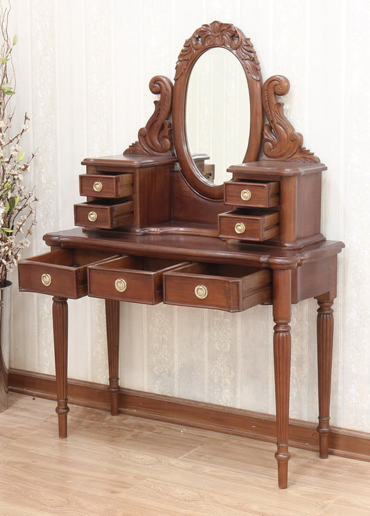 Ornately Carved Victorian Style Solid Mahogany 7 Drawer Dressing Table + Mirror - CasaFenix