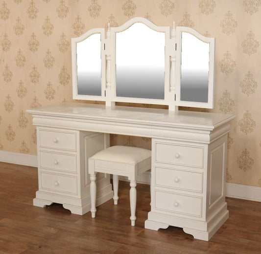 French Louis Style Solid Mahogany 9 Drawer Dressing Table + Stool & Tri Fold Mirror - CasaFenix